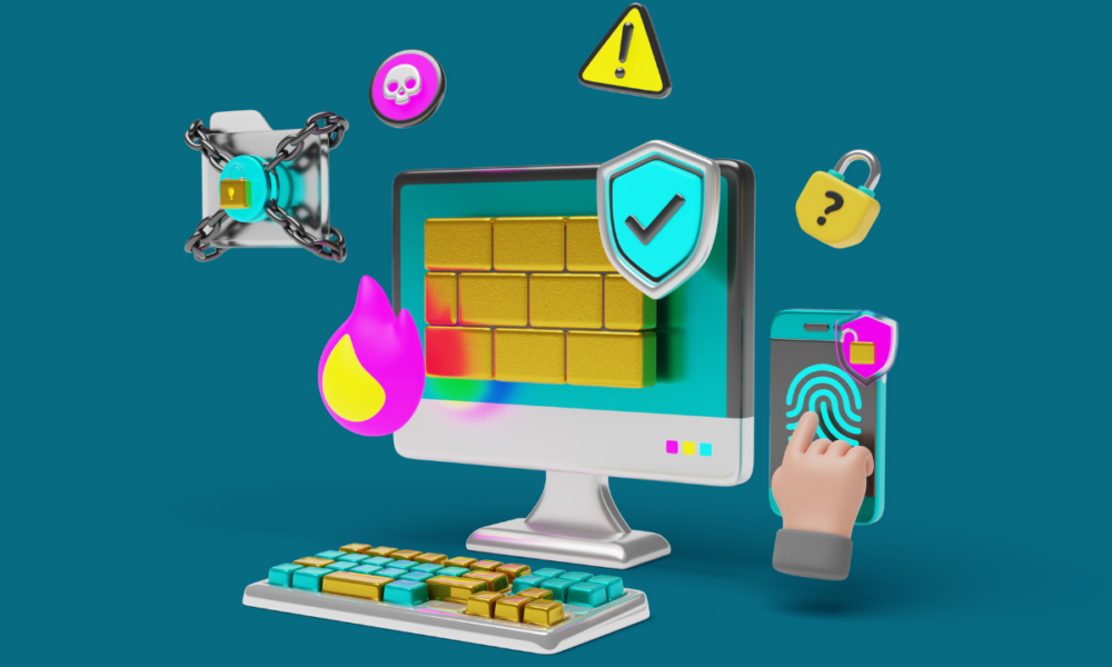 Illustrazione 3D di sicurezza informatica con firewall, impronte digitali, lucchetti e avvisi di rischio, rappresentazione di una protezione a 360° a cura di un CISO.