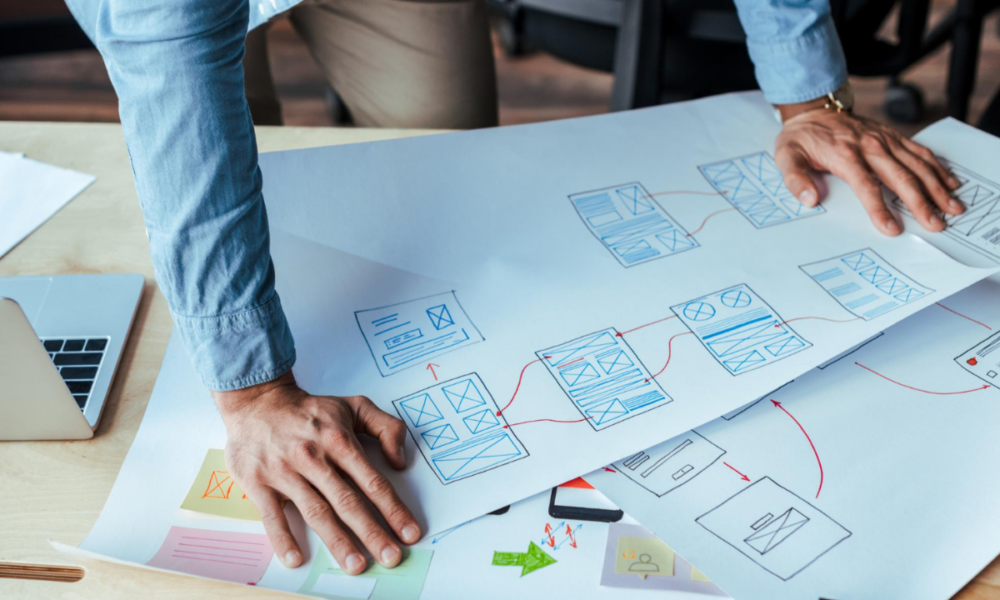 Dettaglio di una persona che analizza un diagramma di flusso su carta, rappresentante processi e wireframe, concetto di analisi e progettazione.